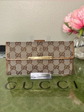 Gucci Brown Beige Monogram GG Canvas Continental Wallet with Gold Accent